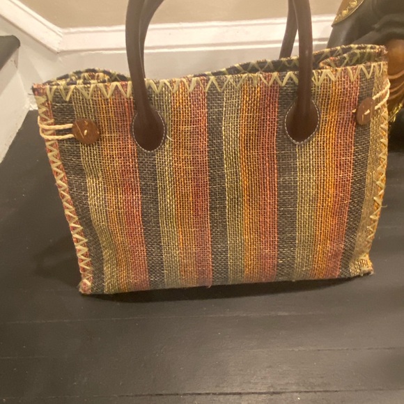 Large straw bag with leather straps navy Blue cloth lining size 22:22 - Picture 8 of 11